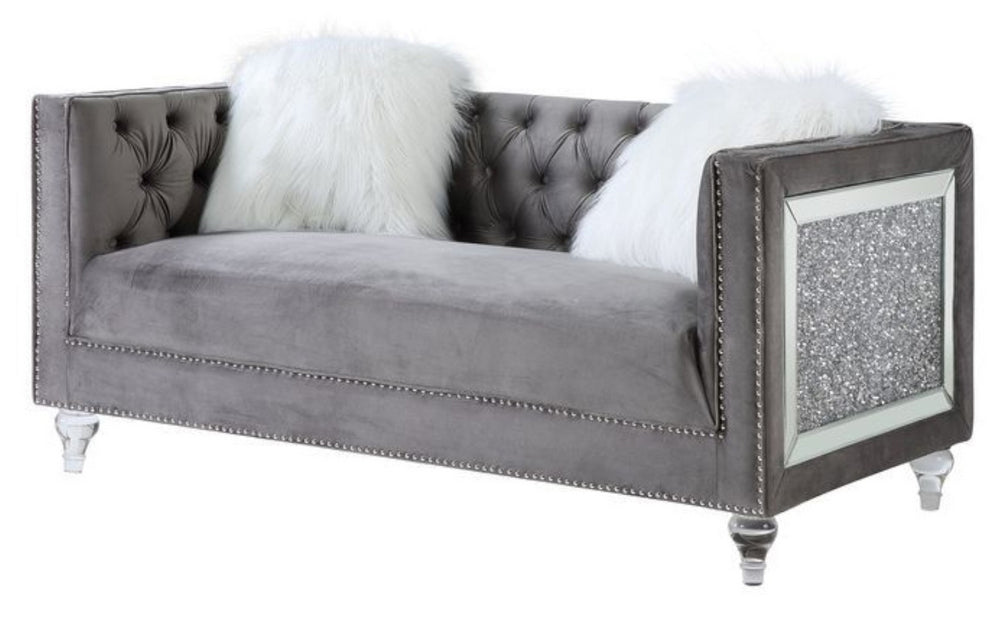 HeiberoII Gray Velvet Loveseat with Mirror & Faux Diamond Trim