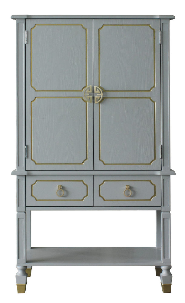 House Marchese Pearl Gray Wood Cabinet with Gold Trim Accent