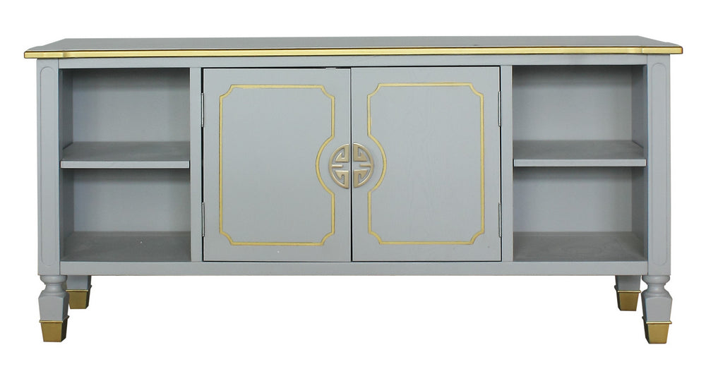 House Marchese Pearl Gray Wood TV Console with Gold Trim Accent