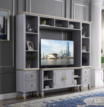 House Marchese Pearl Gray Wood TV Console with Gold Trim Accent