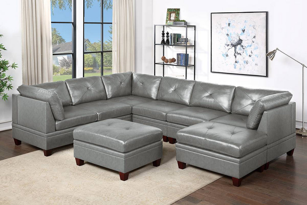 Iditri Grey Leather Modular Sectional with Ottomans