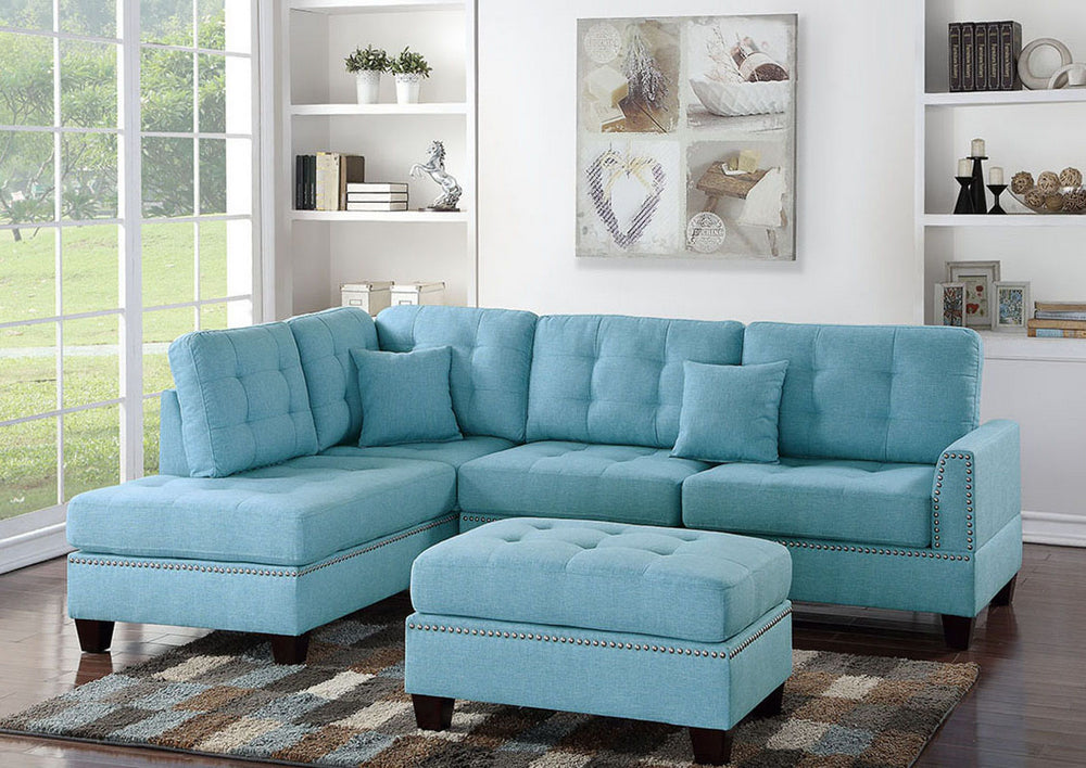 Jessica Blue Fabric Reversible Sectional with Ottoman