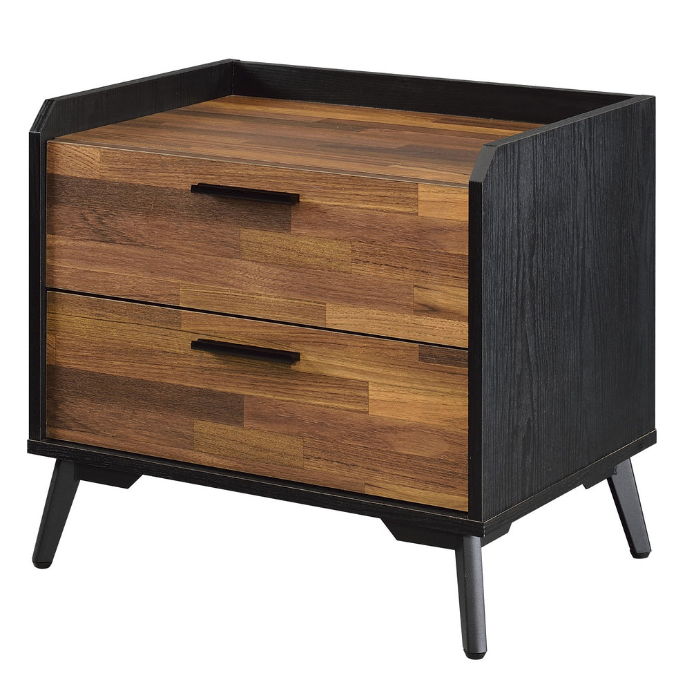 Jiranty Walnut Wood/Black Metal 2-Drawer Nightstand