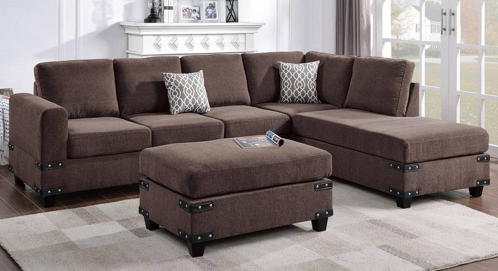 Jonelle Chocolate Chenille Reversible Sectional w/ Ottoman