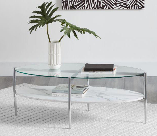 Journey Clear Glass/Faux Carrara Marble/Metal Coffee Table