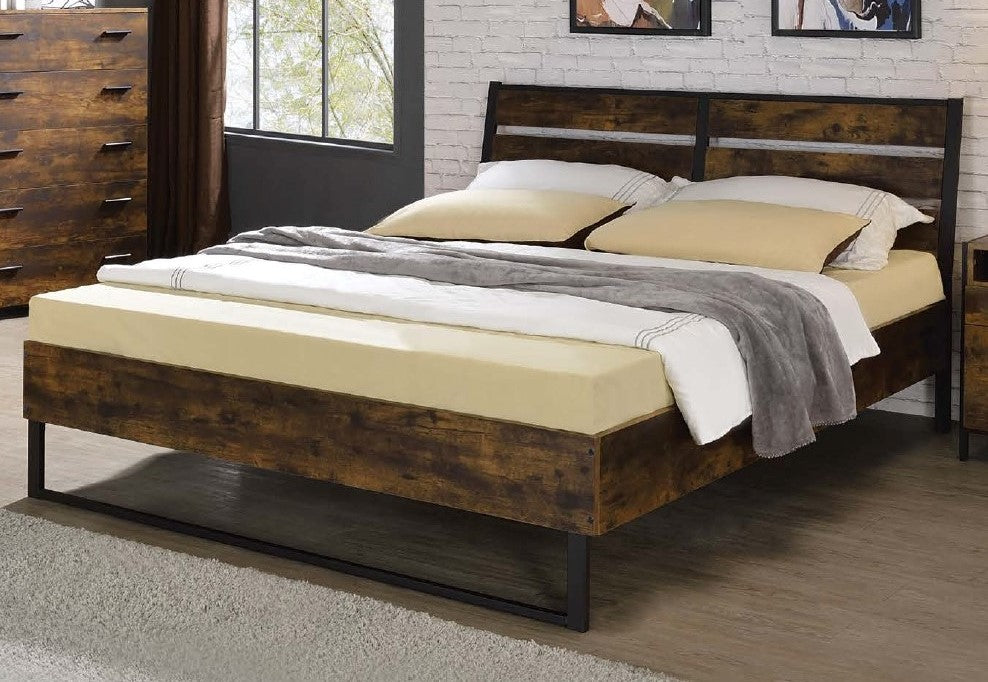 Juvanth Rustic Oak Wood/Black Metal King Bed