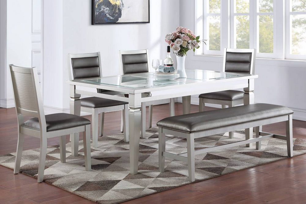 Kallie 6-Pc Silver Wood/Grey Faux Leather Dining Table Set