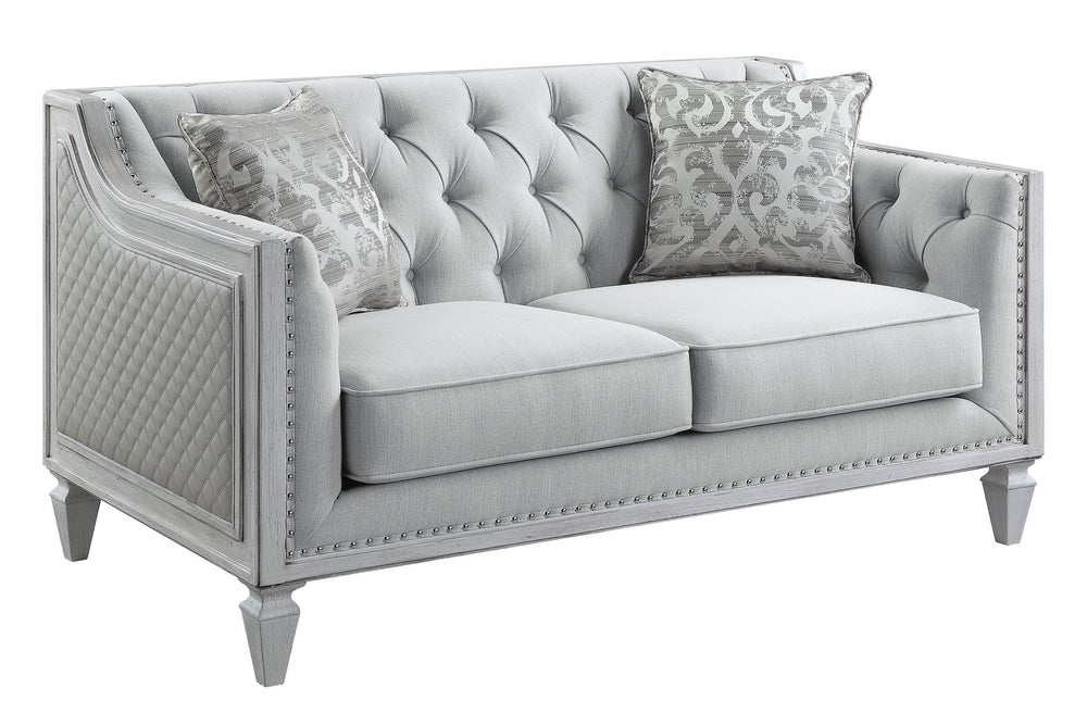 Katia Light Gray Fabric & Faux Leather/Weathered White Wood Loveseat