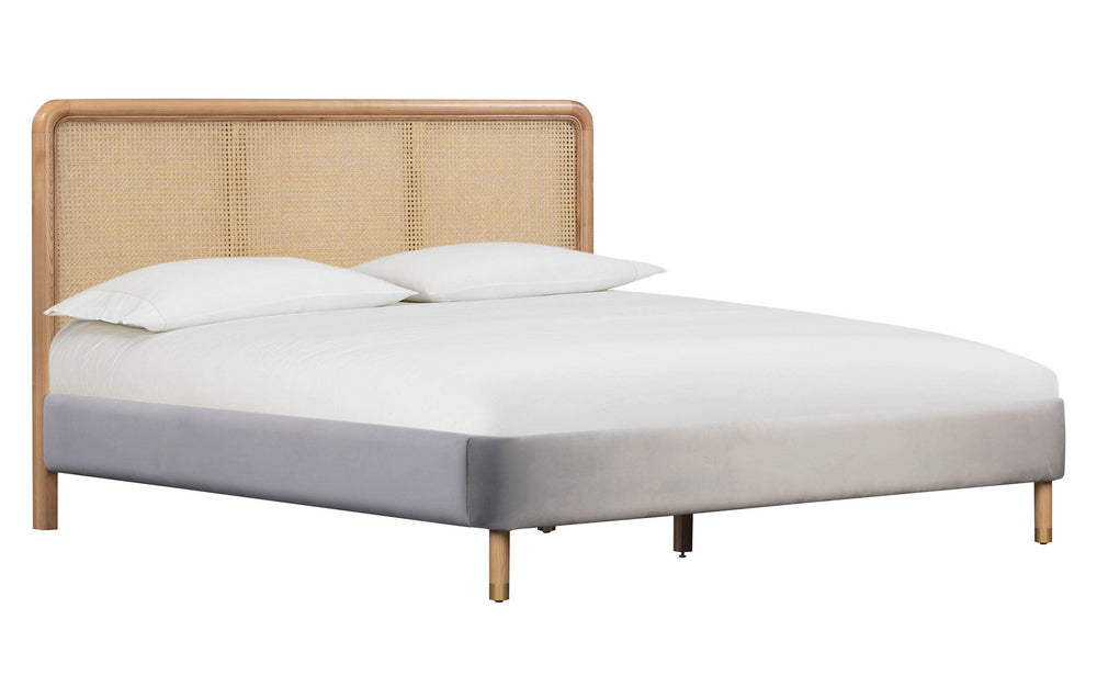 Kavali Cane & Grey Velvet Queen Platform Bed