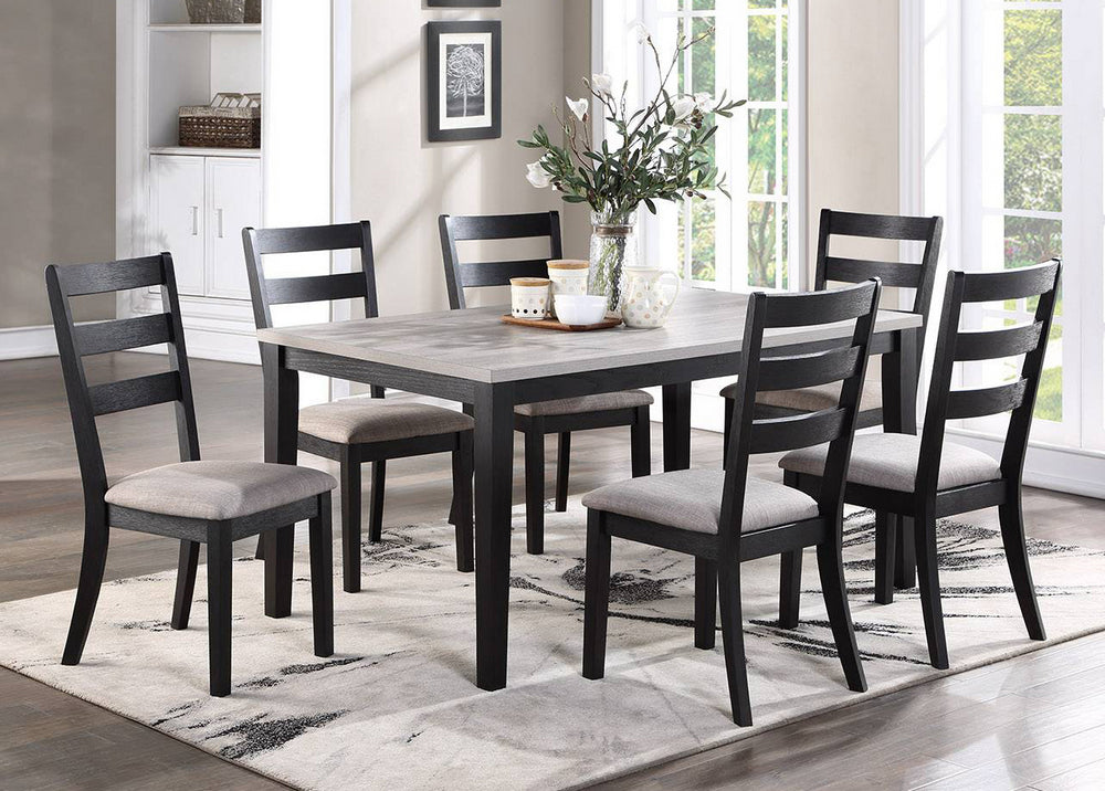 Keren 7-Pc Black Wood/Light Grey Fabric Dining Table Set