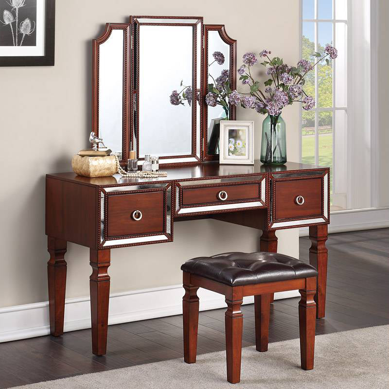 Leelie Cherry Wood Vanity Set with Tri-Fold Mirror