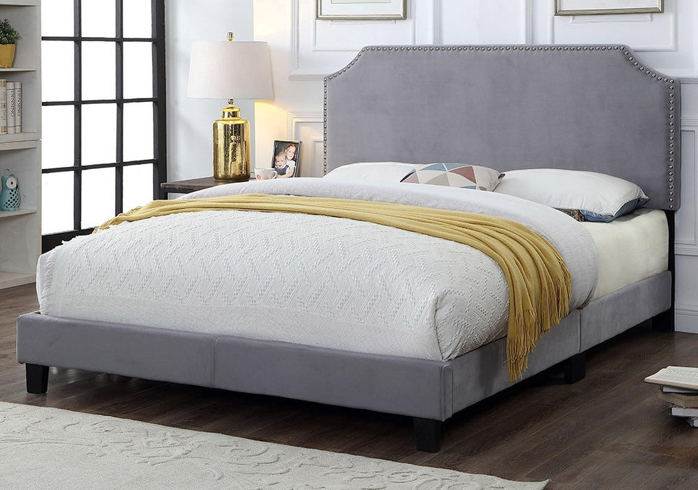 Leesa Light Grey Velvet Full Bed with Nailheads