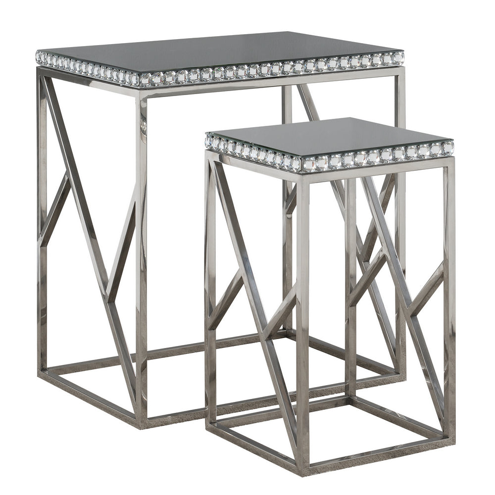 Lilah 2-Pc Mirror/Silver Finish Metal Nesting Table Set