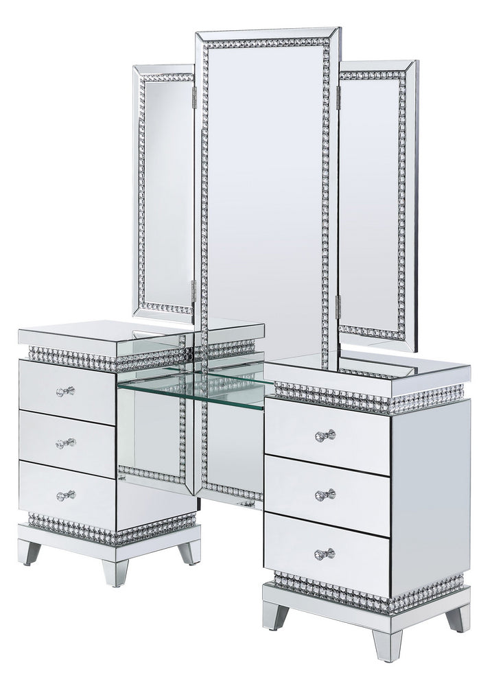 Lotus Mirrored Finish 6-Drawer Vanity Desk with Mirror