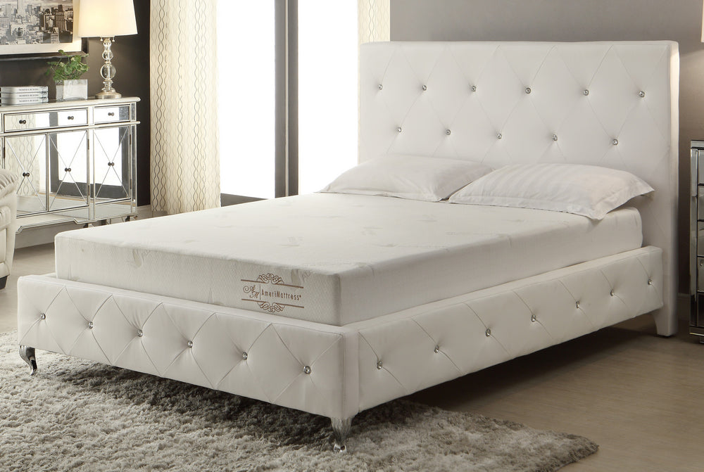 Luce White PU Leather Crystal Tufted Queen Bed