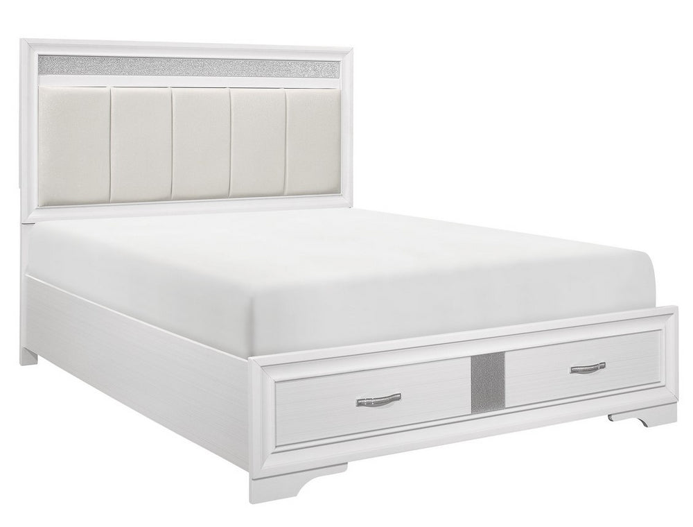 Luster White Faux Leather/Wood Cal King Bed w/ Drawers