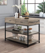 Macaria Rustic Oak Wood/Black Metal 2-Drawer Kitchen Cart