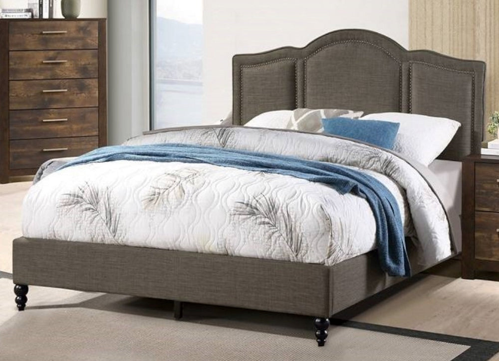 Maia Brown Fabric Queen Bed with Nailhead Trim