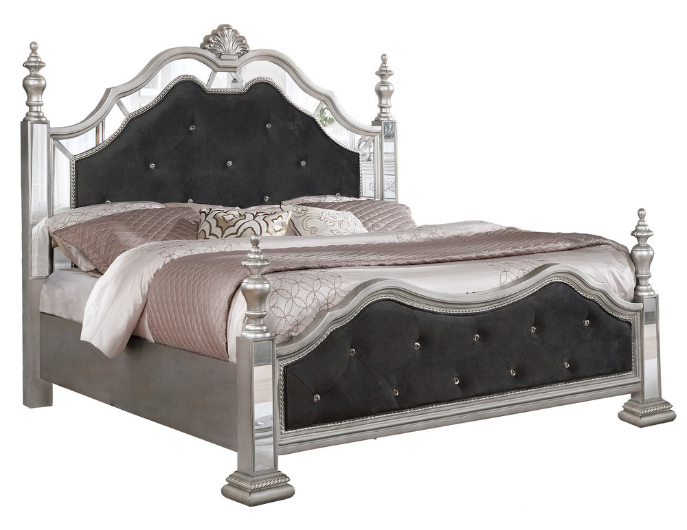 Marilena Black Velvet/Metallic Gray Wood King Panel Bed