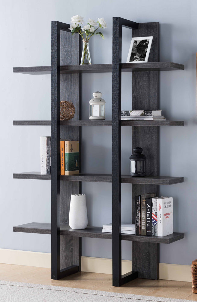 Marion Distressed Grey/Black Wood Bookcase with 4 Shelves