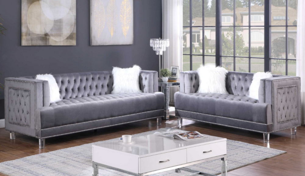 Maya 2-Pc Gray Velvet Tufted Sofa Set