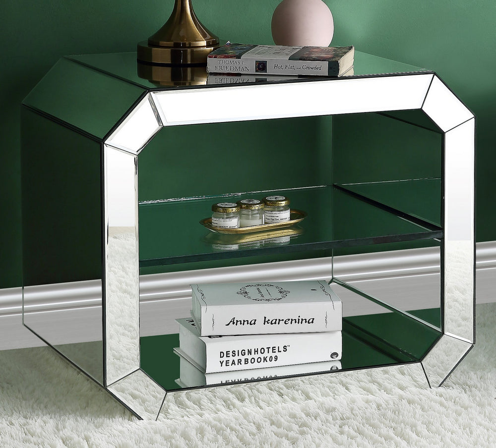 Meria Mirrored/Clear Glass Accent Table with Shelf