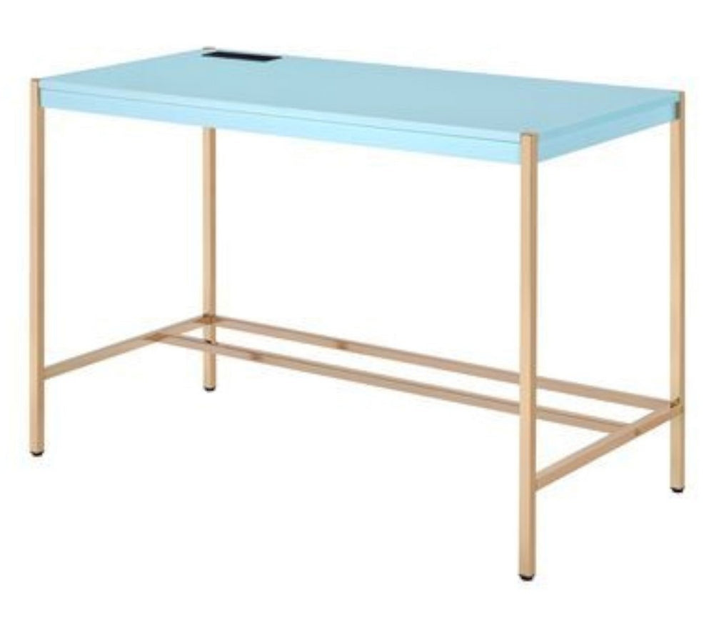 Midriaks Baby Blue Wood/Gold Metal Writing Desk with USB