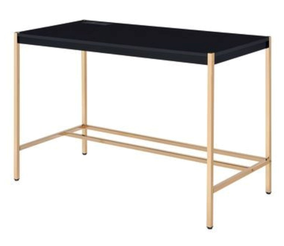 Midriaks Black Wood/Gold Metal Writing Desk with USB