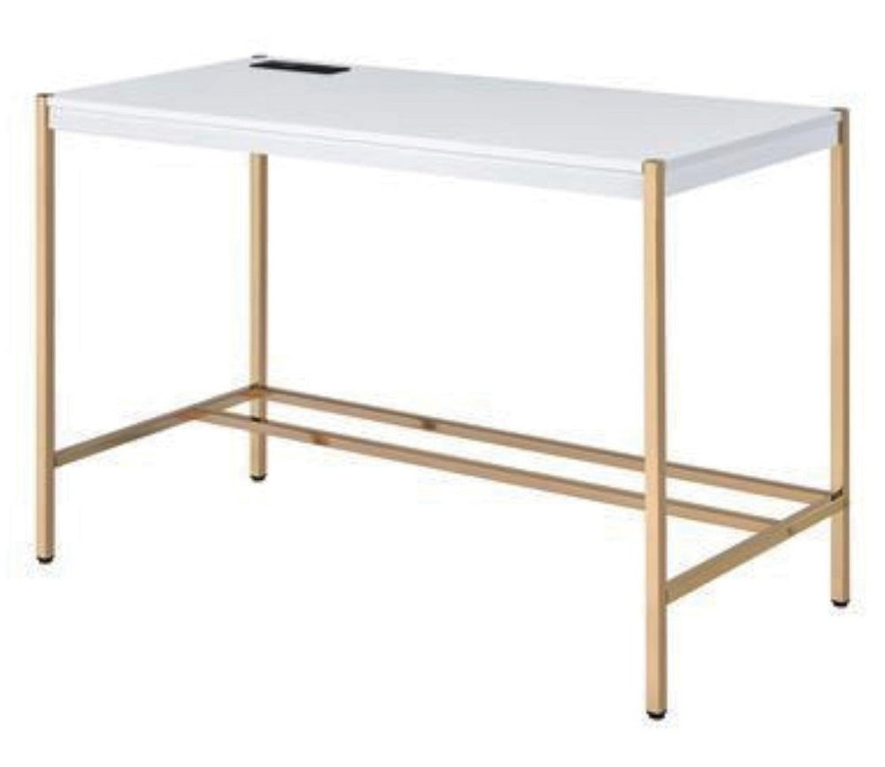 Midriaks White Wood/Gold Metal Writing Desk with USB