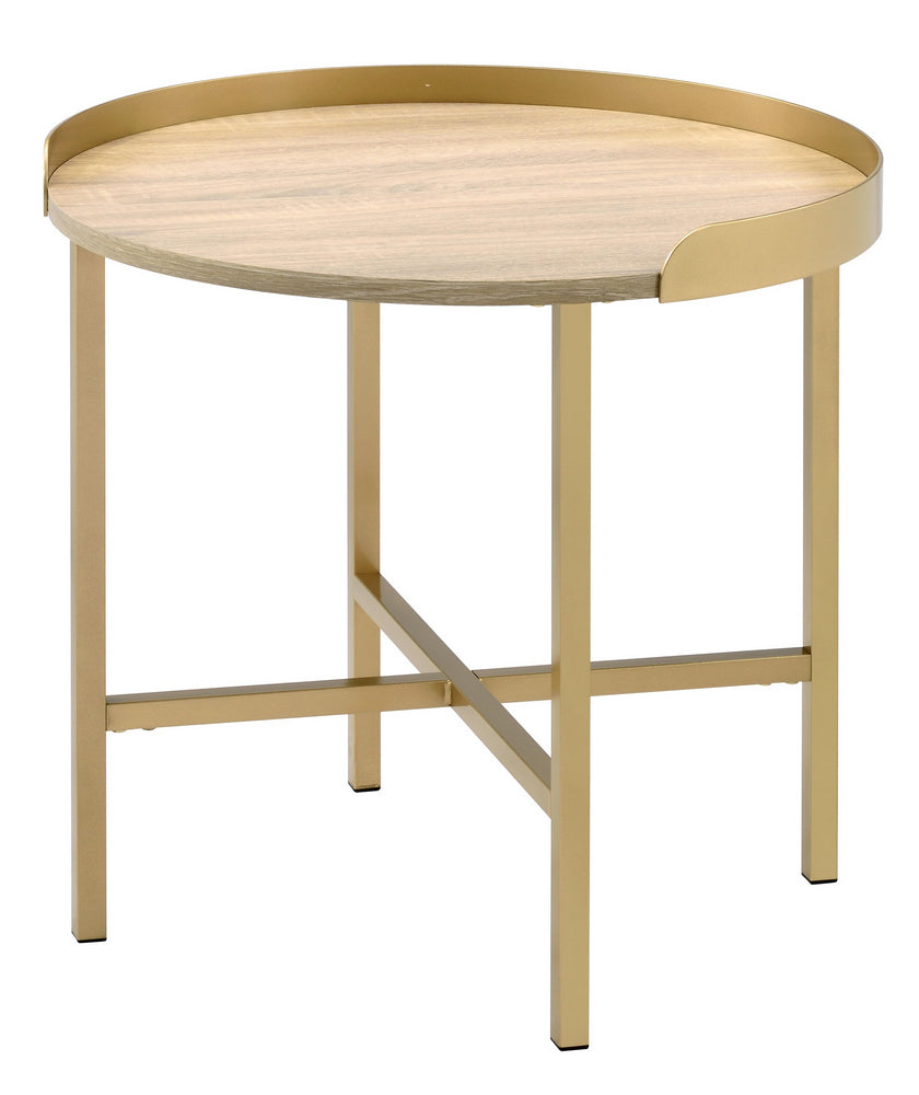 Mithea Oak Wood/Gold Metal End Table with Tray Top