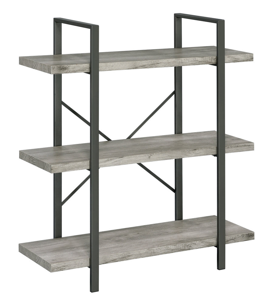 Nailah Grey Driftwood Wood/Gunmetal Metal 3-Shelf Bookcase