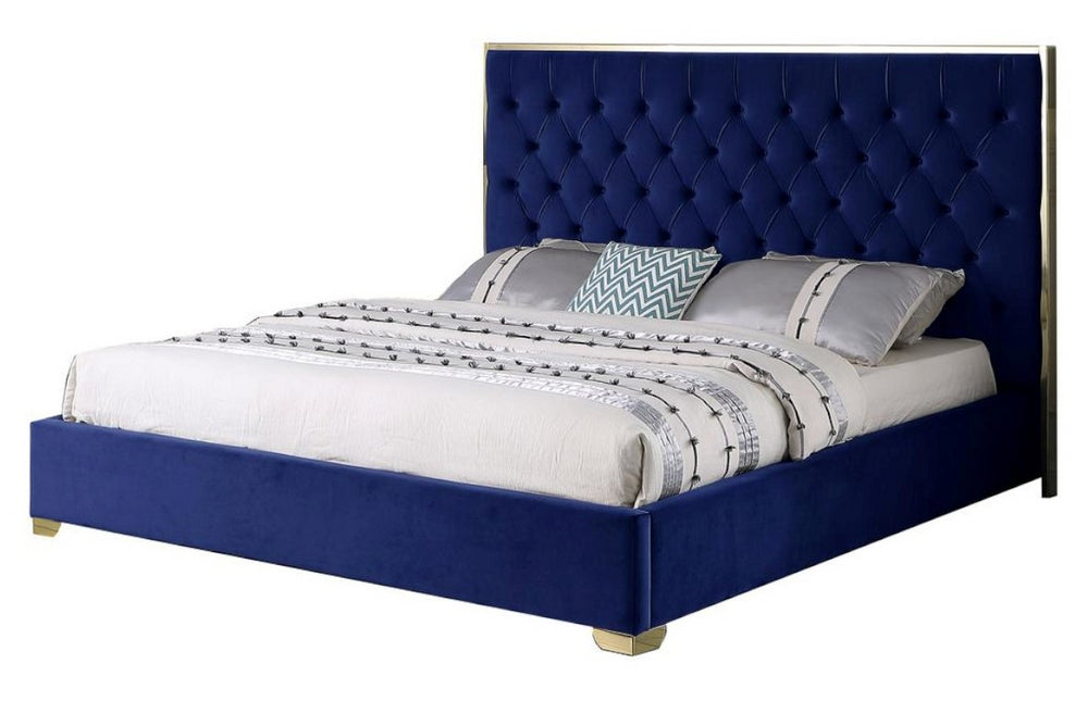 Natasha Blue Velour/Gold Metal Cal King Bed (Oversized)