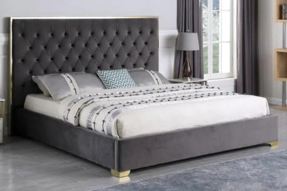 Natasha Dark Grey Velour/Gold Metal Cal King Bed (Oversized)