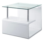 Nevaeh Clear Glass/White High Gloss Wood End Table with Shelf