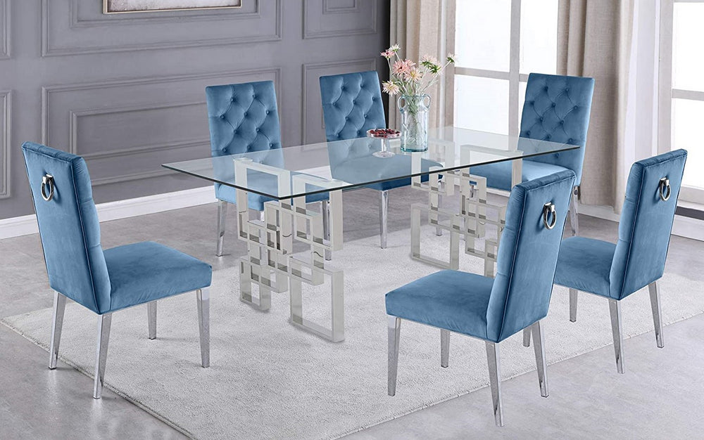 Nikola 7-Pc Silver/Teal Blue Dining Table Set