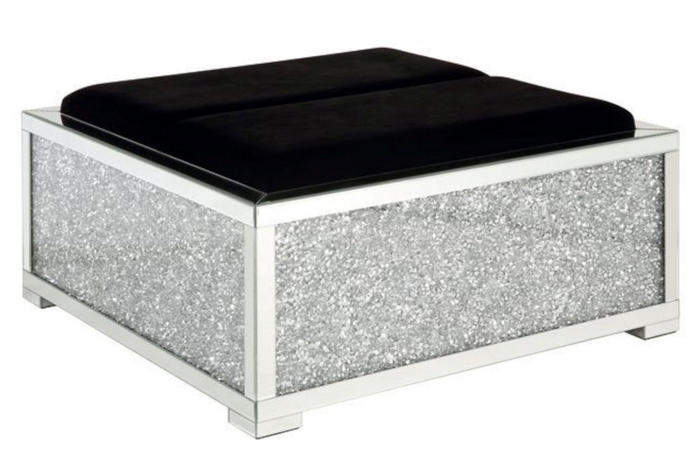 Noralie Black Upholstered Ottoman with Storage & Faux Diamonds