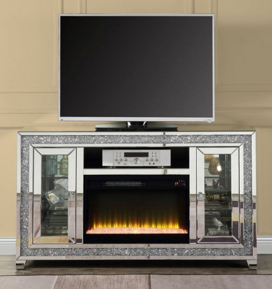 Noralie Mirrored TV Stand with Fireplace