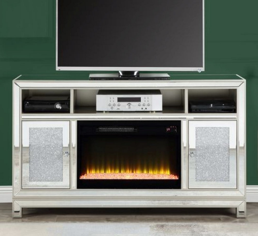 Noralie Mirrored TV Stand with Fireplace & Acrylic Diamond