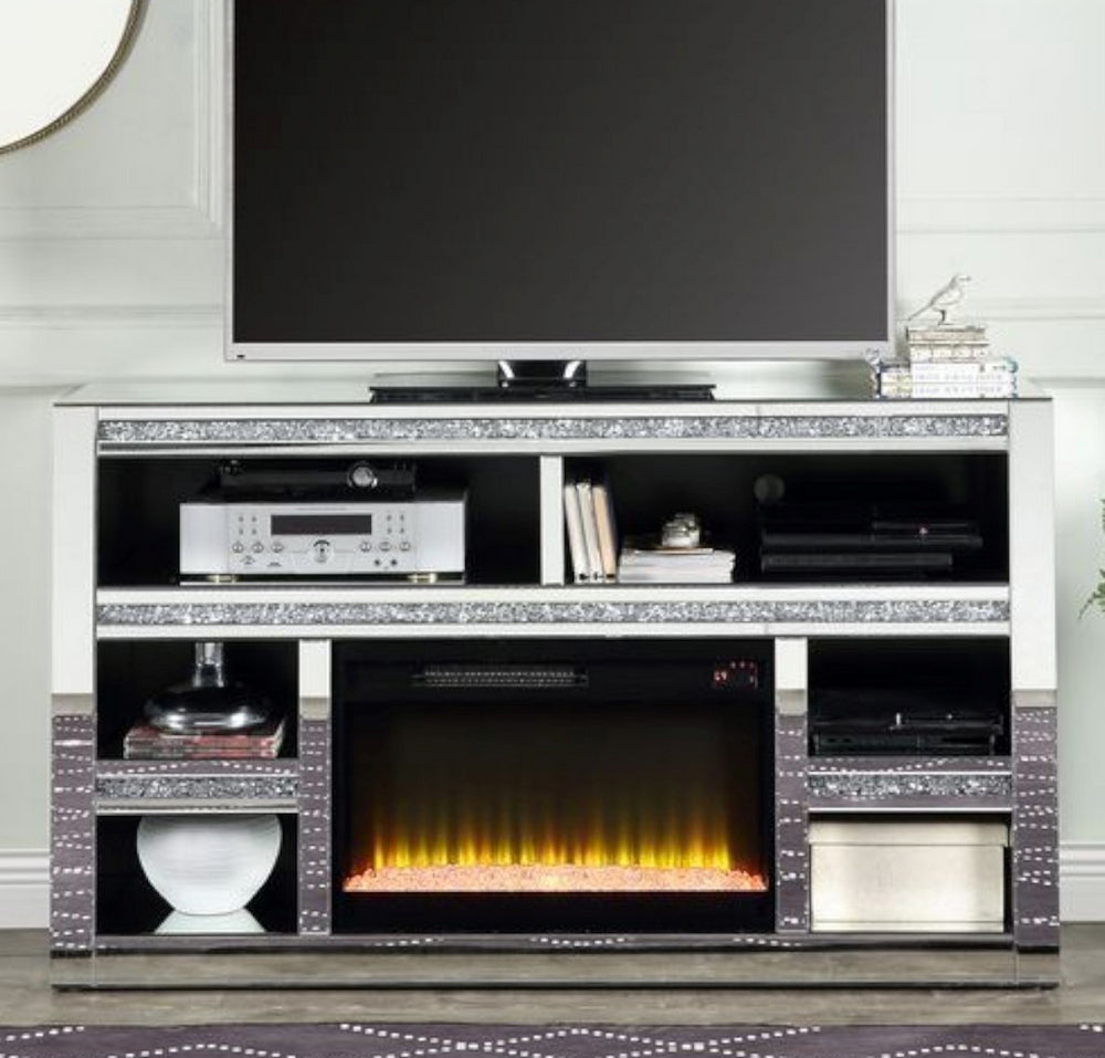 Noralie Mirrored TV Stand with Fireplace