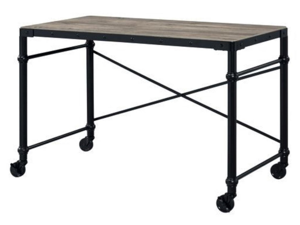 Oklarth Rustic Oak Oak/Black Metal Writing Desk with Wheels