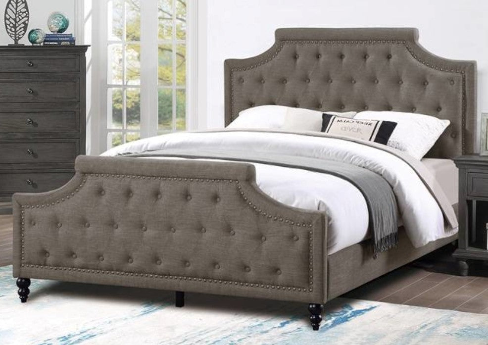 Ortrun Brown Fabric Button Tufted King Bed