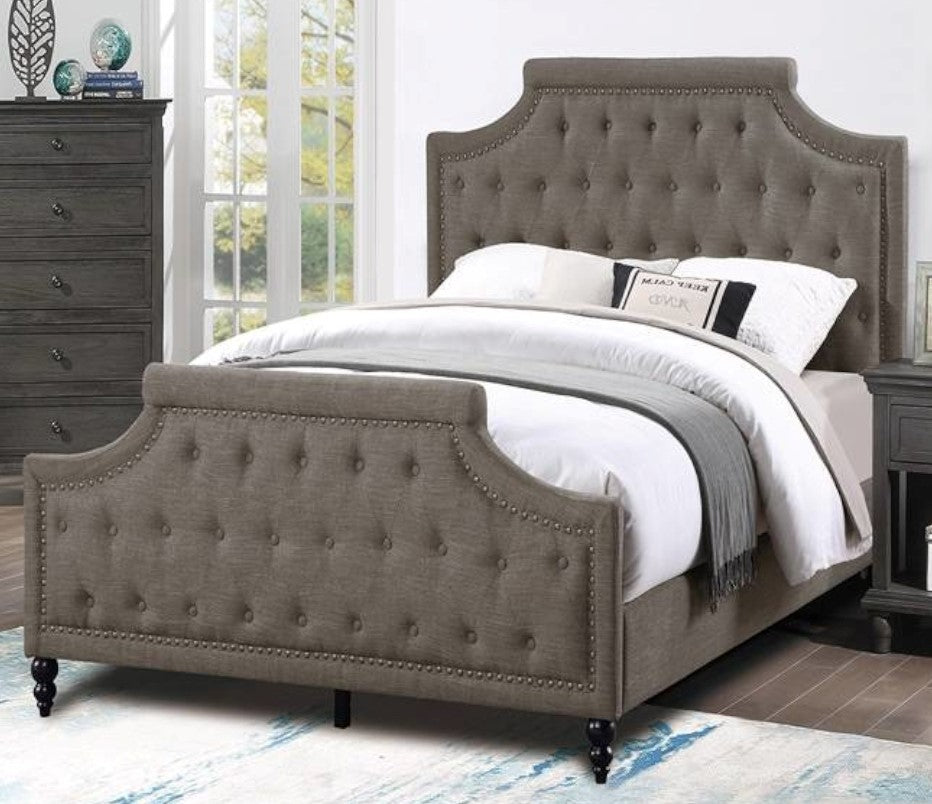 Ortrun Brown Fabric Button Tufted Queen Bed