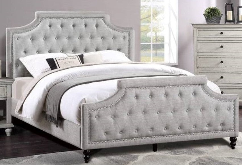 Ortrun Grey Fabric Button Tufted King Bed