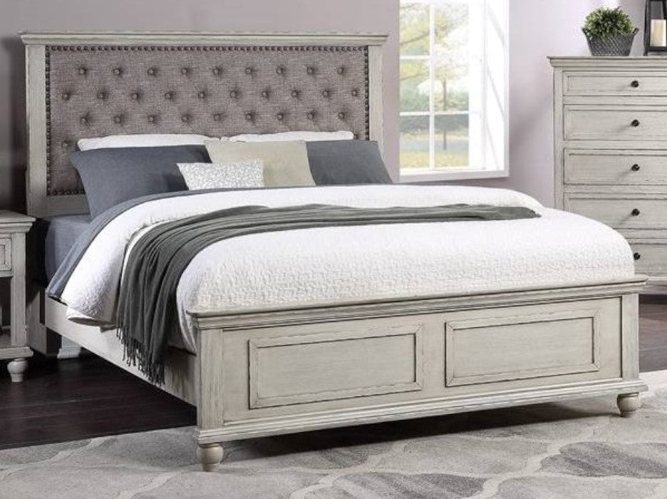 Ortrun Grey Wood Queen Bed with Fabric Insert Headboard