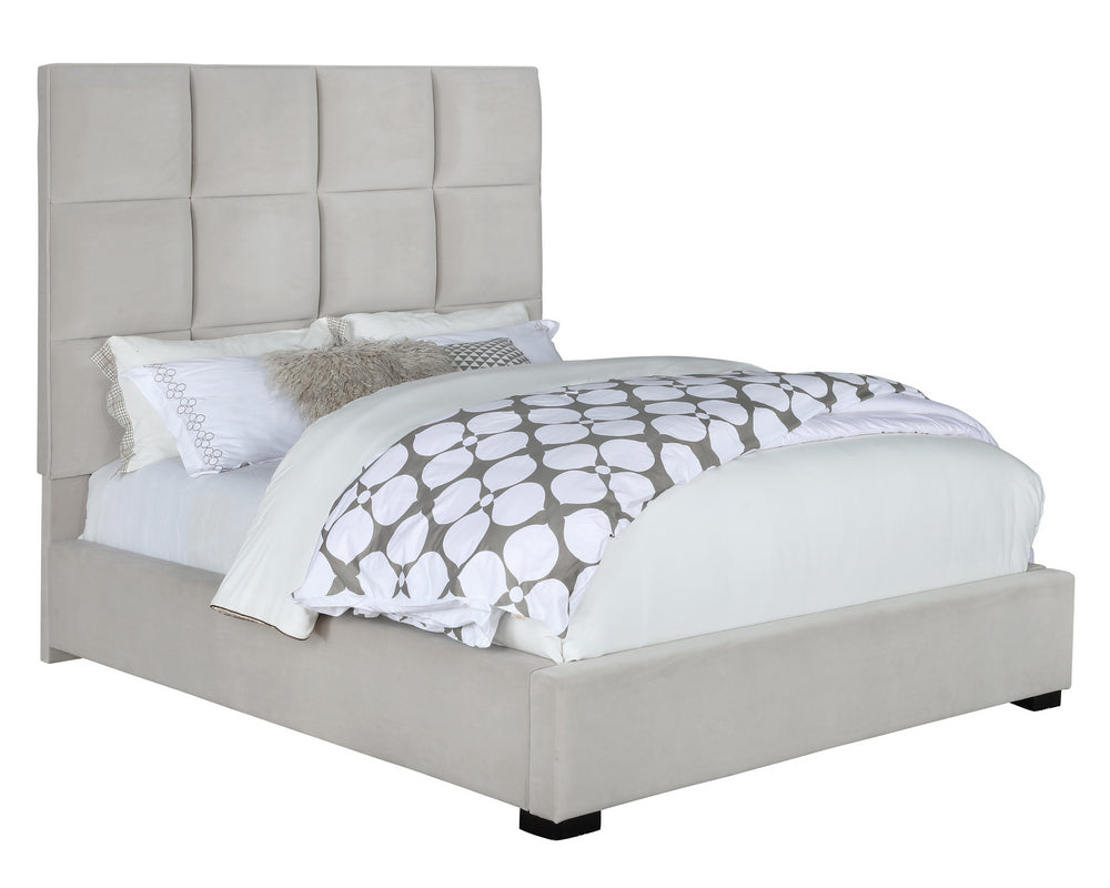 Panes Beige Velvet King Bed with Tall Headboard