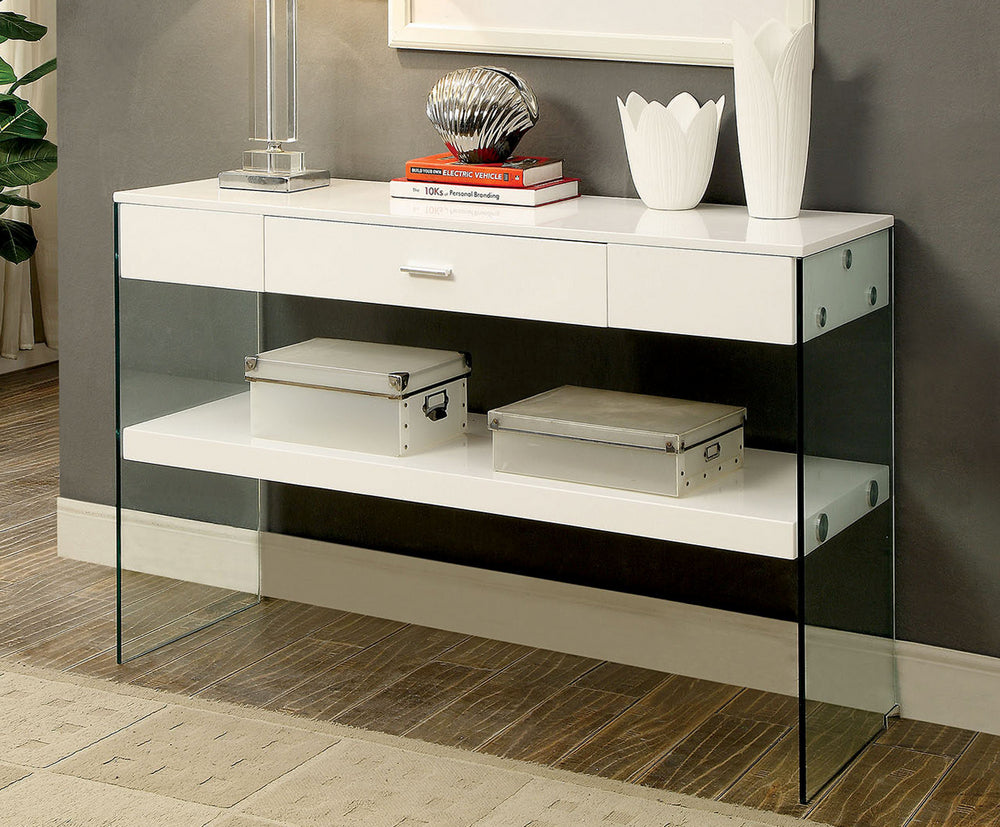 Raya White Tempered Glass/Wood Sofa Table