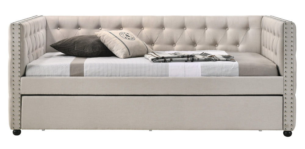 Romona Beige Fabric Button Tufted Twin Daybed with Trundle