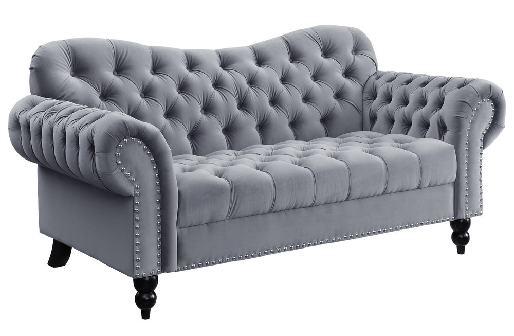 Rosalie Dark Gray Velvet Fabric Button Tufted Loveseat