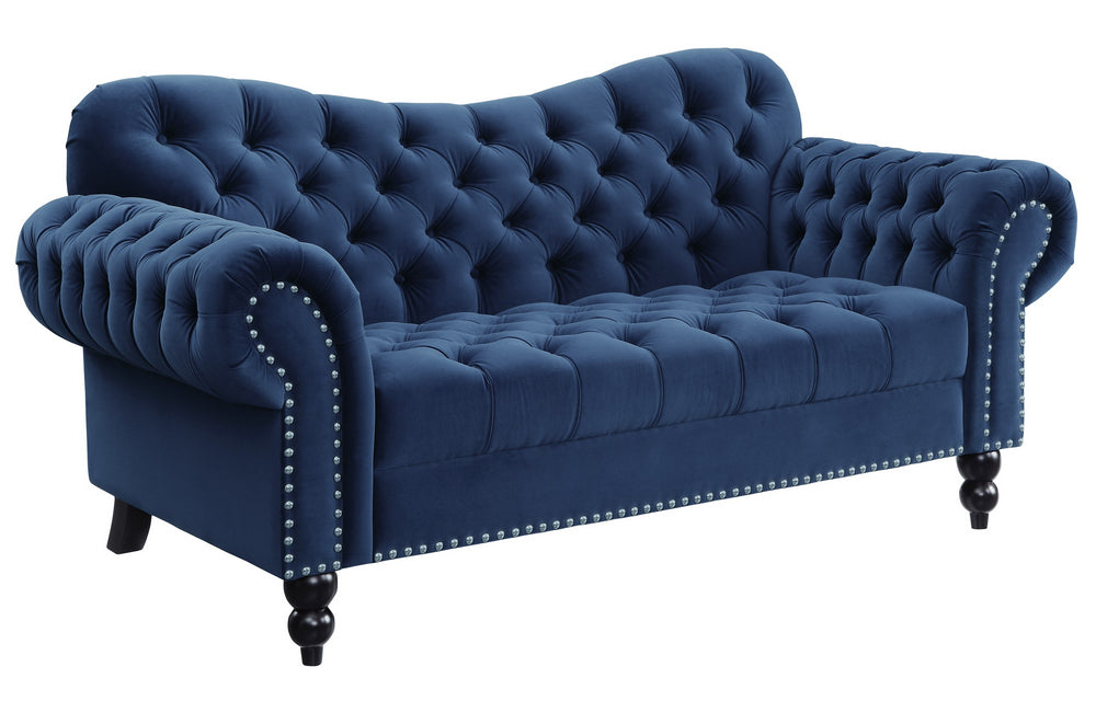 Rosalie Navy Blue Velvet Fabric Button Tufted Loveseat