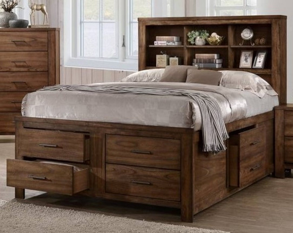 Rosalinda Natural Wood Queen Bed with Bookcase Headboard